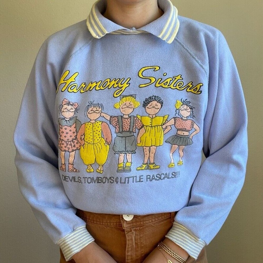 Vintage Womens 80s Graphic Tee Collared Preppy Oversized Sweatshirt Sz M